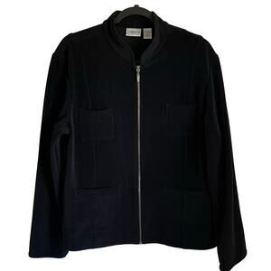 Chico’s Full Zip Black Jacket Sz L Stretch Knit Minimalist Normcore Staple